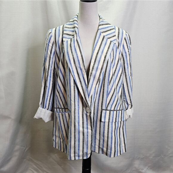 Kasper Striped Linen Blend One Button Blazer Jacket Size 14W - Picture 1 of 10